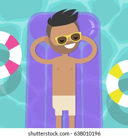 Young character lying on the inflatable mattress in the swimming pool. Top view / flat editable vector illustration, clip art