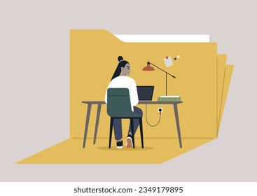 A young character meticulously curating their portfolio, assembling their projects and experiences within a single folder