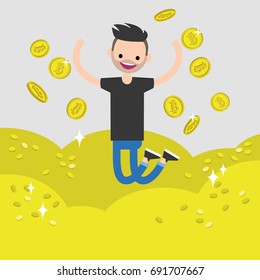 Young character mining bitcoins. Conceptual cartoon illustration, clip art
