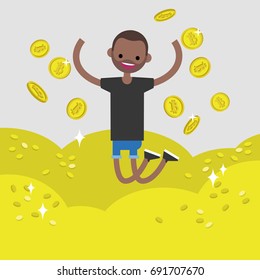 Young character mining bitcoins. Conceptual cartoon illustration, clip art