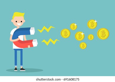 Young character mining bitcoins with a huge magnet / flat editable vector illustration, clip art