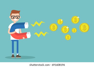 Bichos de minería de caracteres jóvenes con un imán enorme / ilustración plana editable vectorial, imagen prediseñada