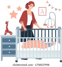 Young character mother carry baby in children bed, cozy room isolated in white, flat vector illustration. Woman stand watching little infant, kid chamber with bedside table clack and holiday flag.