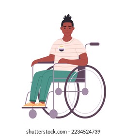 Young character with non-binary pin. She, he, they, non-binary. Gender-neutral movement. LGBTQ community.Man with physical disability. Hand drawn vector illustration