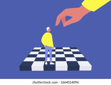 Young character on a chess board, manipulation and domination, pawn, business strategy, obedience