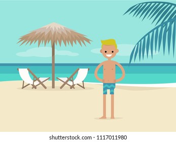 Young character on vacation. Beach landscape. Two chaise lounges under the palm tree umbrella. Background. Paradise. Flat editable vector illustration, clip art