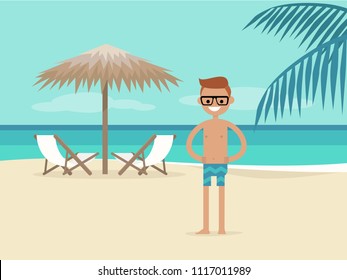 Young character on vacation. Beach landscape. Two chaise lounges under the palm tree umbrella. Background. Paradise. Flat editable vector illustration, clip art