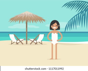 Young character on vacation. Beach landscape. Two chaise lounges under the palm tree umbrella. Background. Paradise. Flat editable vector illustration, clip art