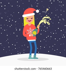 Young character opening a bottle of sparkling wine or champagne. Celebrating the New Year. Winter holidays. Flat editable vector illustration, clip art