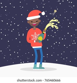 Young character opening a bottle of sparkling wine or champagne. Celebrating the New Year. Winter holidays. Flat editable vector illustration, clip art