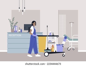 A young character in overall uniform rolling a janitor cleaning service cart