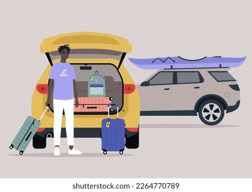 A young character packing suitcases in a car trunk, summer break road trip, vacation lifestyle