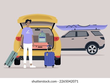 A young character packing suitcases in a car trunk, summer break road trip, vacation lifestyle