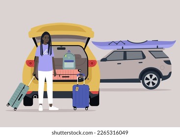 A young character packing suitcases in a car trunk, summer break road trip, vacation lifestyle