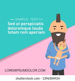 Young character parent holding a baby. Loving dad.Pastel backgrond with sample text.Flat cartoon design