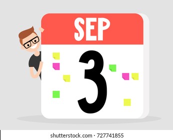 Young character peeking out from behind the tear-off calendar sheet / office daily routine / planning the day / flat editable vector illustration, clip art
