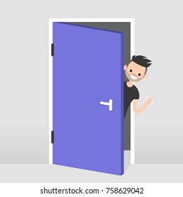 Young Character Peeking Out From Behind The Door. Hello Or Goodbye Hand Waving. Welcome Home. Flat Editable Vector Illustration, Clip Art