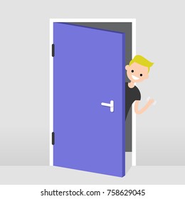 Young Character Peeking Out From Behind The Door. Hello Or Goodbye Hand Waving. Welcome Home. Flat Editable Vector Illustration, Clip Art