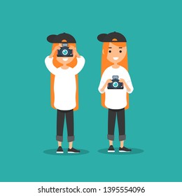 Young character photographer with camera in two variations.Flat cartoon design