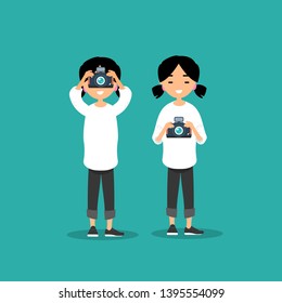 Young character photographer with camera in two variations.Flat cartoon design