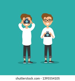 Young character photographer with camera in two variations.Flat cartoon design