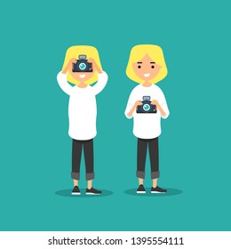 Young character photographer with camera in two variations.Flat cartoon design