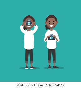 Young character photographer with camera in two variations.Flat cartoon design