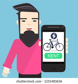 young character in pink pullover showing mobile app to rent electric bike