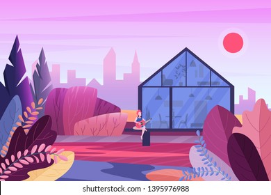 Young character playing guitar, sitting in front of modern house. Luxury minimalistic contemporary building in evening fantasy colors park zone against with city bacground vector illustration.