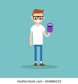 Young character playing with a hand puppet / flat editable vector illustration, clip art