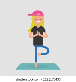 Young character practicing yoga. Relaxation. Meditation. Mental health. Lifestyle. Flat editable vector illustration, clip art
