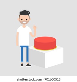 Young character pushing the big red button, flat editable vector illustration, clip art