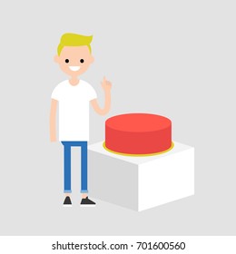 Young character pushing the big red button, flat editable vector illustration, clip art