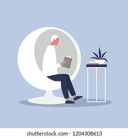 Young character reading a book. Modern interior concept. Leisure. Lifestyle. Flat editable vector illustration, clip art