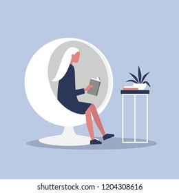 Young character reading a book. Modern interior concept. Leisure. Lifestyle. Flat editable vector illustration, clip art