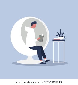 Young character reading a book. Modern interior concept. Leisure. Lifestyle. Flat editable vector illustration, clip art