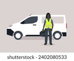 A young character in a repair worker uniform, adorned with a yellow high-visibility vest, lanyard, and polo shirt, carrying a bag of work tools in one hand, next to panel van in a side view