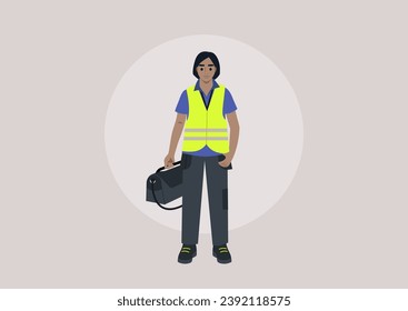 A young character in a repair worker uniform, adorned with a yellow high-visibility vest, lanyard, and polo shirt, carrying a bag of work tools in one hand