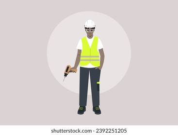 A young character in a repair worker uniform, adorned with a yellow high-visibility vest, hard hat, safety goggles, and polo shirt, holding an electric drill in one hand