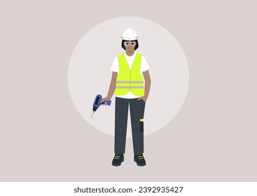 A young character in a repair worker uniform, adorned with a yellow high-visibility vest, hard hat, safety goggles, and polo shirt, holding an electric drill in one hand