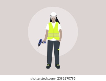 A young character in a repair worker uniform, adorned with a yellow high-visibility vest, hard hat, safety goggles, and polo shirt, holding an electric drill in one hand