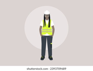 A young character in a repair worker uniform, adorned with a yellow high-visibility vest, hard hat, and polo shirt, standing with their hands in pockets