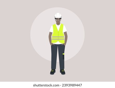 A young character in a repair worker uniform, adorned with a yellow high-visibility vest, hard hat, and polo shirt, standing with their hands in pockets