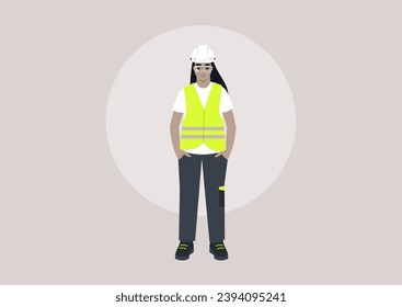 A young character in a repair worker uniform, adorned with a yellow high-visibility vest, hard hat, and polo shirt, standing with their hands in pockets