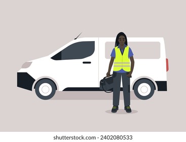 A young character in a repair worker uniform, adorned with a yellow high-visibility vest, lanyard, and polo shirt, carrying a bag of work tools in one hand, next to panel van in a side view