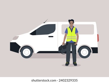 A young character in a repair worker uniform, adorned with a yellow high-visibility vest, lanyard, and polo shirt, carrying a bag of work tools in one hand, next to panel van in a side view