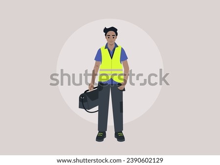 A young character in a repair worker uniform, adorned with a yellow high-visibility vest, lanyard, and polo shirt, carrying a bag of work tools in one hand
