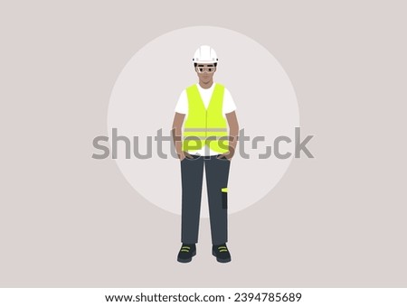 A young character in a repair worker uniform, adorned with a yellow high-visibility vest, hard hat, and polo shirt, standing with their hands in pockets
