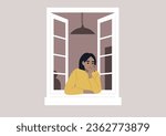 A young character rests on their elbow, peering intently through an open window, keenly observing the activities unfolding in their neighborhood