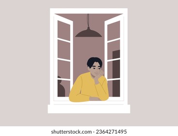A young character rests on their elbow, peering intently through an open window, keenly observing the activities unfolding in their neighborhood